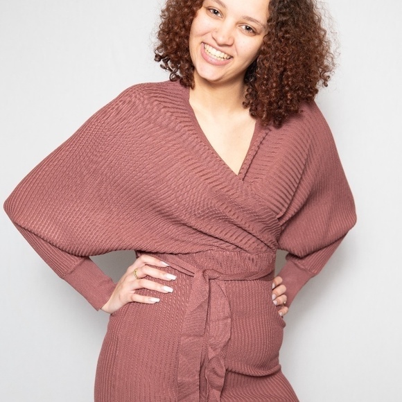 LUXXEL Ribbed Mauve Sweater Dress Super Cute - Picture 5 of 6